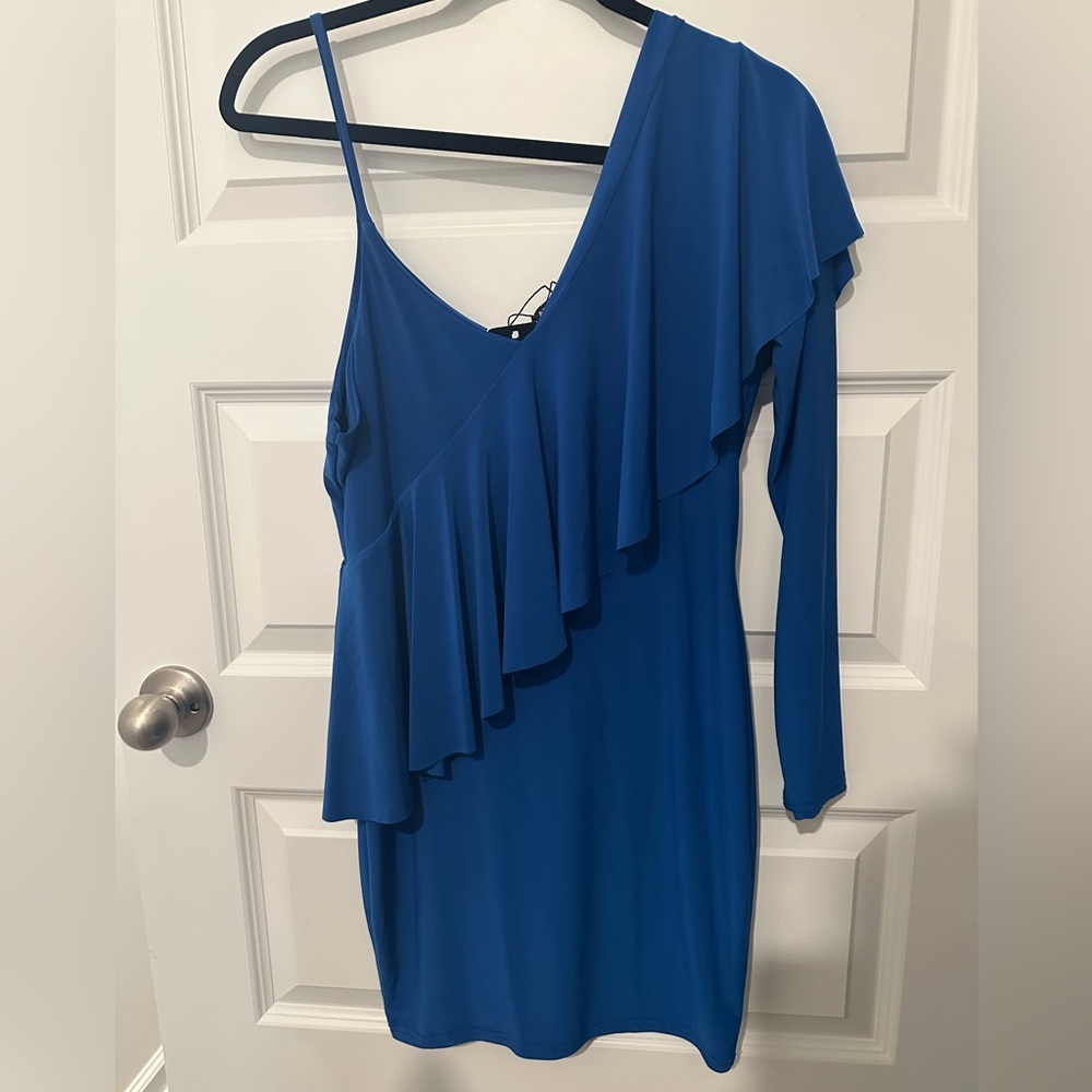 Nasty Gal Blue Asymmetrical Ruffled Bodycon Dress